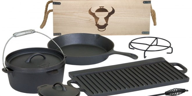 Deckel-Heber Handschuhe CAGO Dutch Oven Set aus Gusseisen inkl.Holztruhe mit Grill-Pfanne